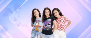 Women standing together, showcasing trendy character tees with vibrant pop culture designs.