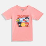 Pink and blue boys' Justice League printed V-neck t-shirt with comic-style typography, short sleeves, and cotton fabric