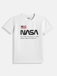 NASA boys cotton typography printed t-shirt – white short sleeve space theme tee for kids