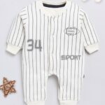 White striped cotton romper for infant boys with round neck, full sleeves, and snap button closures
