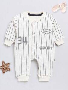 White striped cotton romper for infant boys with round neck, full sleeves, and snap button closures