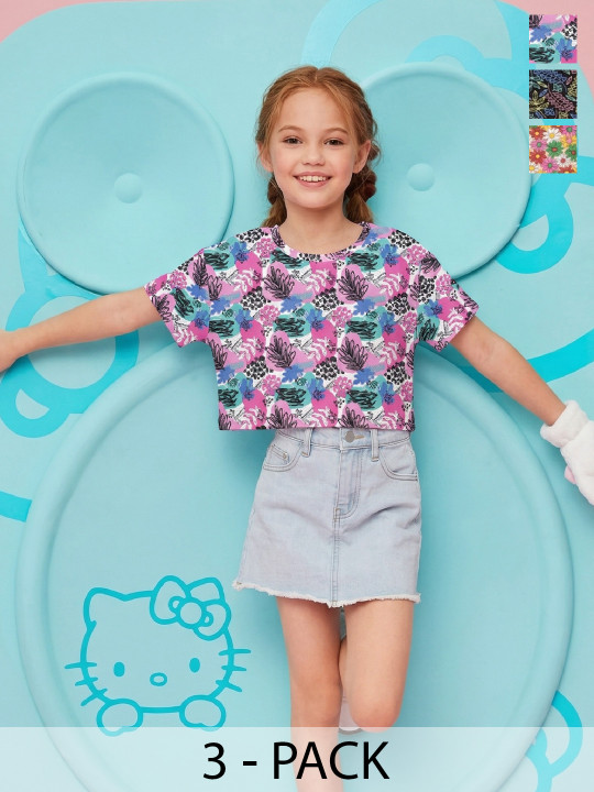 Eteenz Girl’s Floral Printed Premium Cotton T-shirt (Assorted, Pack Of 3)