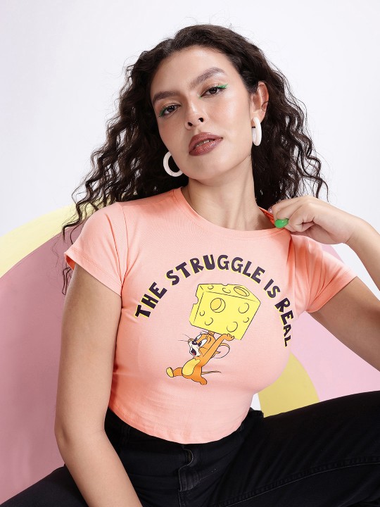 Women’s Peach & Yellow Tom & Jerry Printed Cotton T-shirt