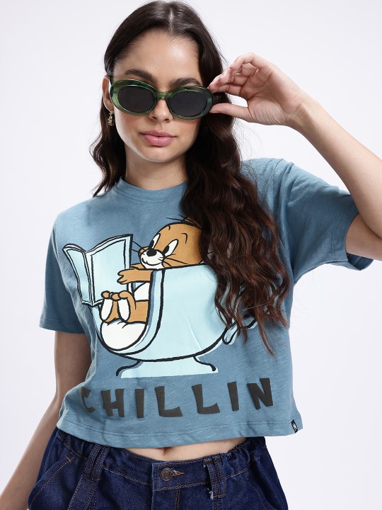 Women’s Blue & Black Tom & Jerry Graphic Printed T-shirt