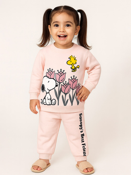 Happy Faces Girl’s Snoopy Printed Pure Cotton T-shirt with Joggers (Pink, Pack Of 1)