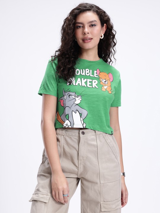 Women’s Green Tom & Jerry Printed Cotton Crop T-shirt