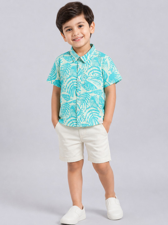 Happy Faces Boy’s Tropical Printed Pure Cotton Casual Shirt (Blue, Pack Of 1)