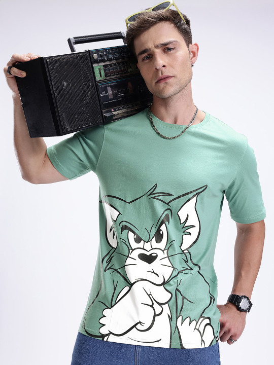 Minute Mirth Men Tom & Jerry Printed Pure Cotton T-Shirt (Green, Pack Of 1)
