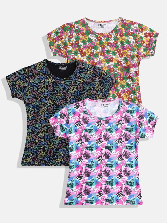 Kids Girls Pack Of 3 Floral Printed T-Shirt