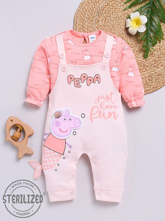 Infants Girls Peppa Pig Printed Cotton Dungaree With T-Shirt