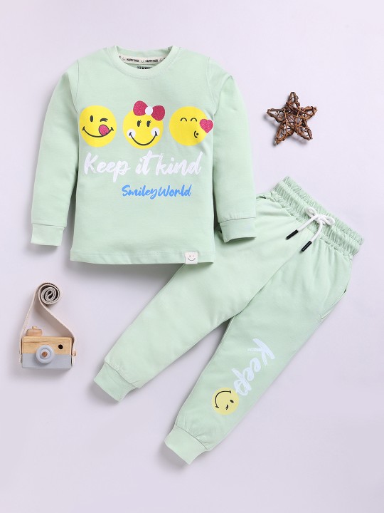Girls Pure Cotton Typography & Graphic Printed T-shirt with Joggers
