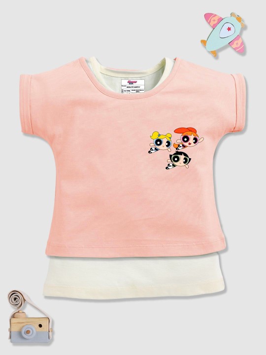 Powerpuff Girls Printed Extended Sleeves Cotton Top with Inner Vest
