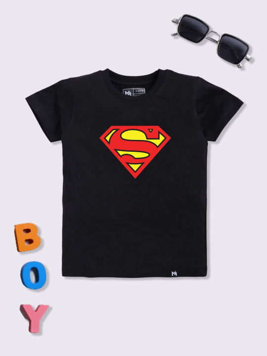 Minute Mirth Boy’s Superman Printed Cotton T-shirt (Black, Pack Of 1)