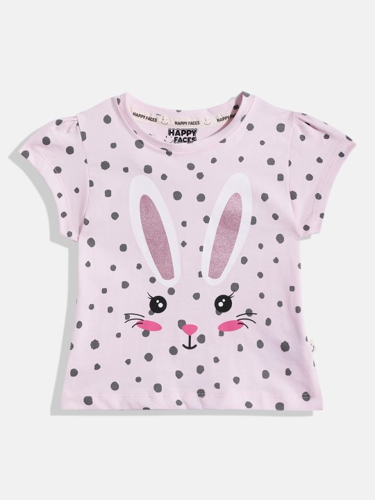 Happy Faces Graphic Printed Cotton T-shirt  for Girls(Pink, Pack Of 1)