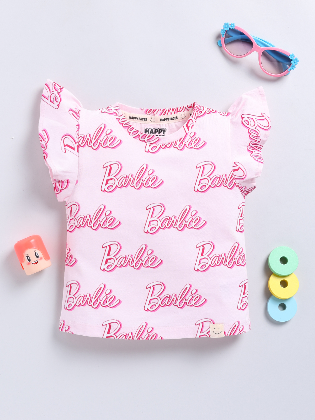 Happy Faces Barbie and Graphic Printed Cotton T-shirt With Frilled Sleeves for Girls(Rose Pink, Pack Of 1)