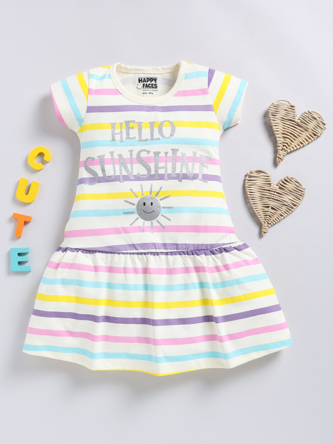 Happy Faces Graphic Printed Cotton Frock  for Girls(Butter, Pack Of 1)