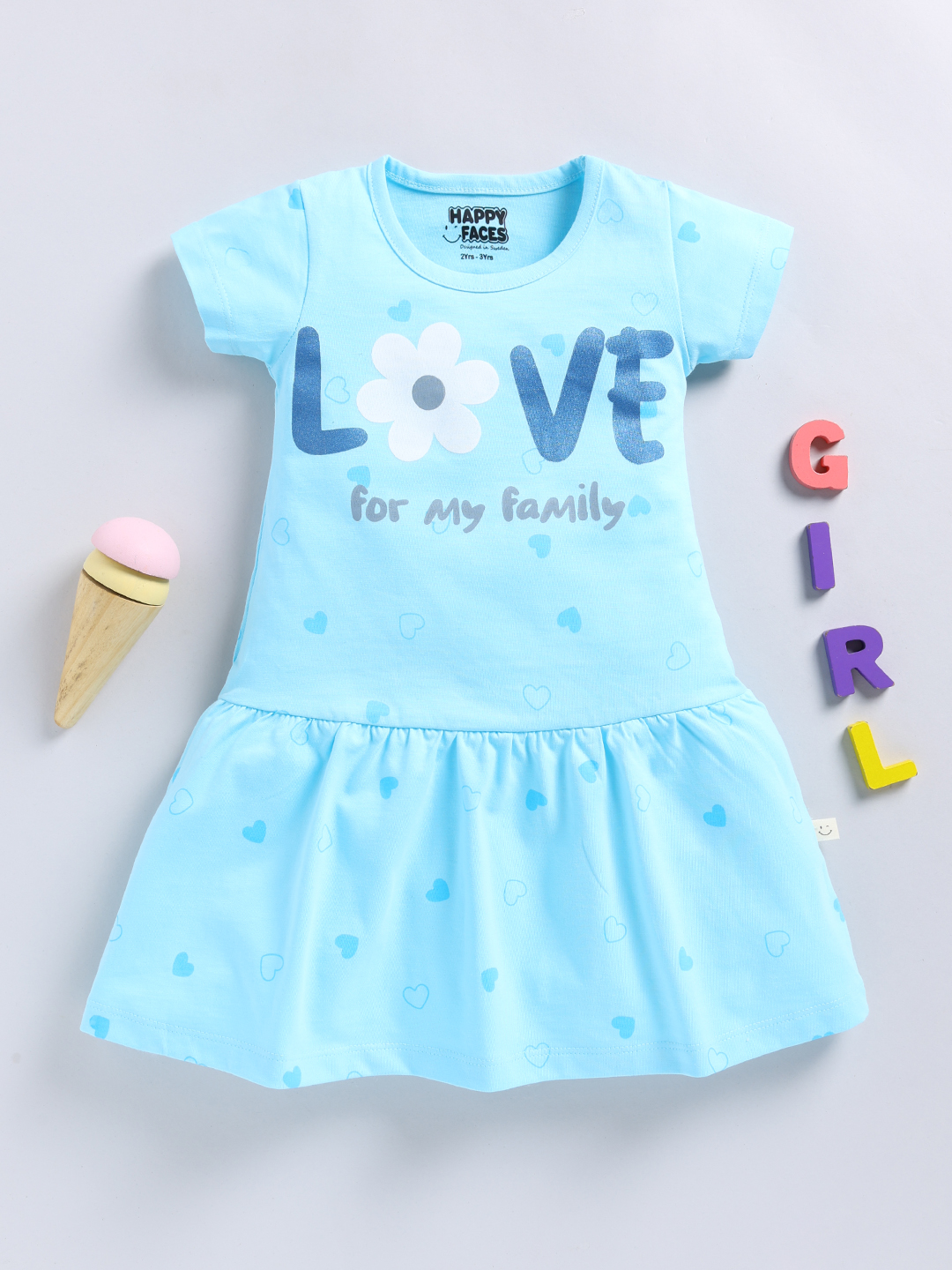 Happy Faces Graphic Printed Cotton Frock  for Girls(Aqua, Pack Of 1)