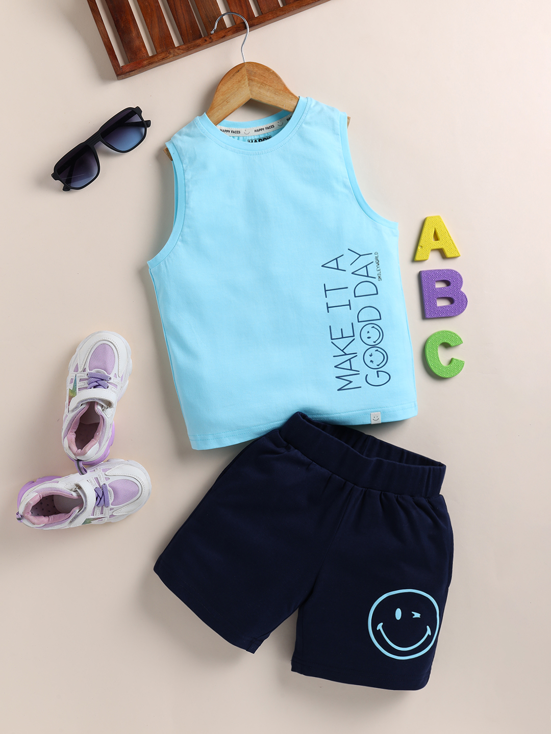 Happy Faces Smiley World Printed Pure Cotton Clothing Set For Boys(Aqua, Pack Of 1)