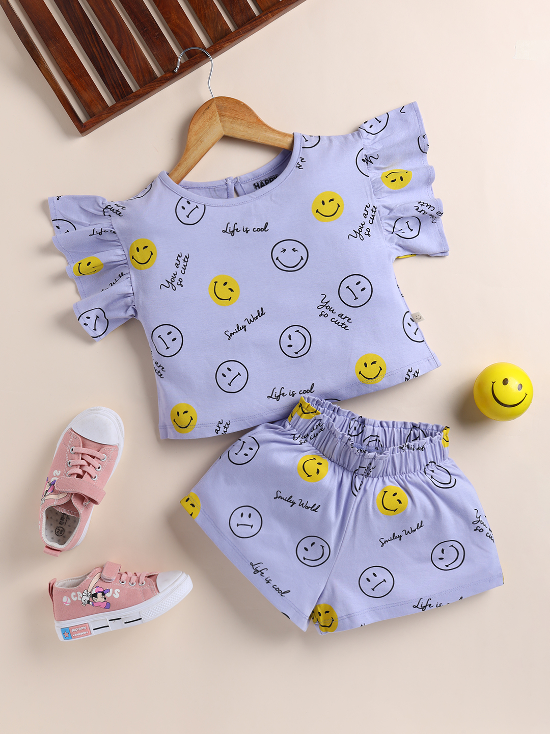 Happy Faces Smiley World  Printed Pure Cotton Clothing Set For Girls(Light Mauve, Pack Of 1)