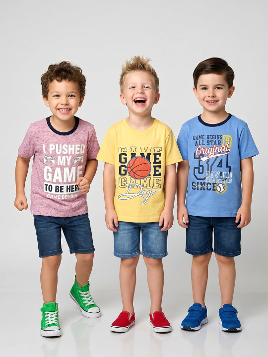 Game Begins Boy’s Typography Printed Cotton Blend T-Shirts (Assorted, Pack Of 3)