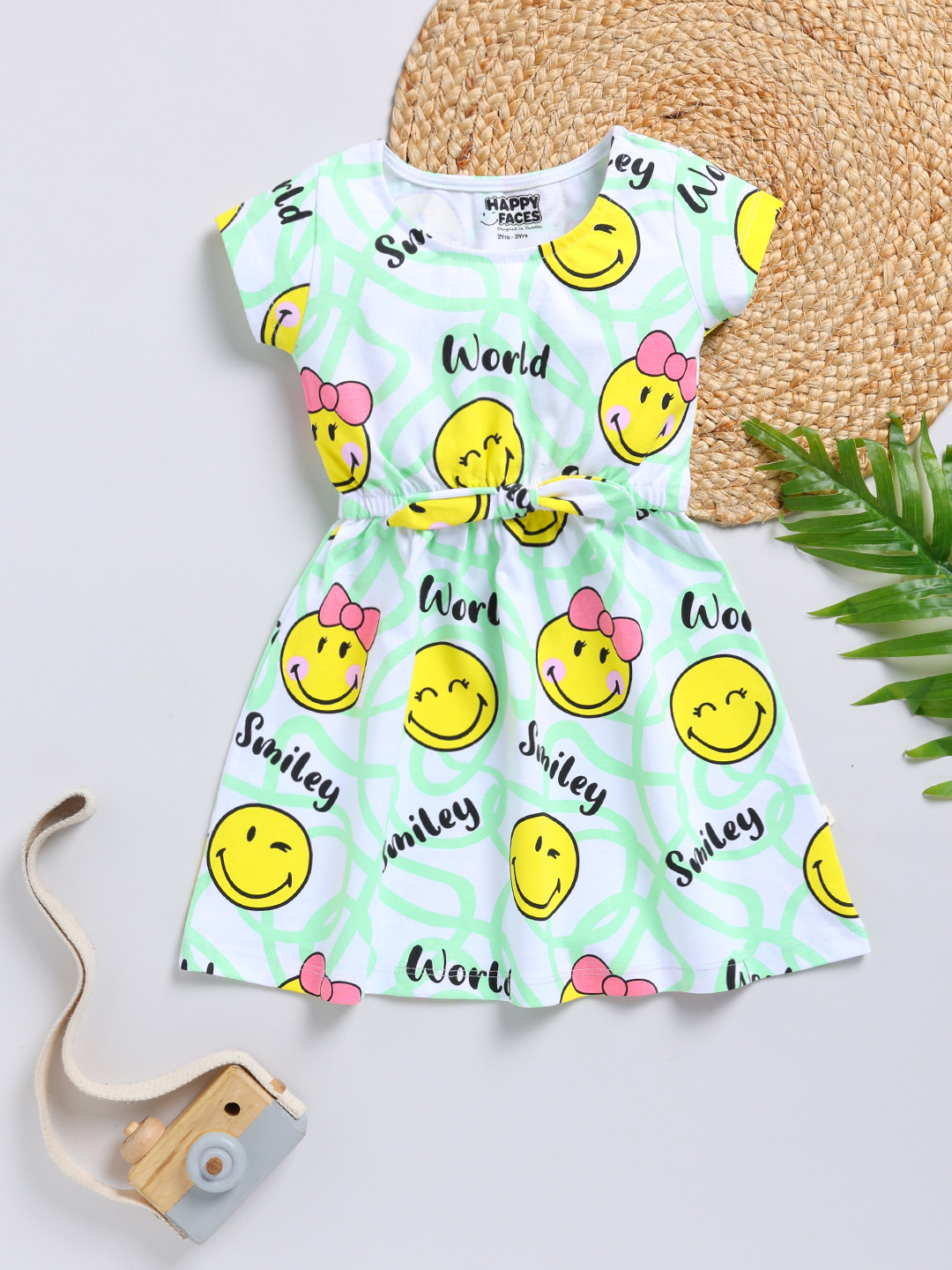Happy Faces Smiley World and Graphic Printed Cotton Frock for Girls(White, Pack Of 1)