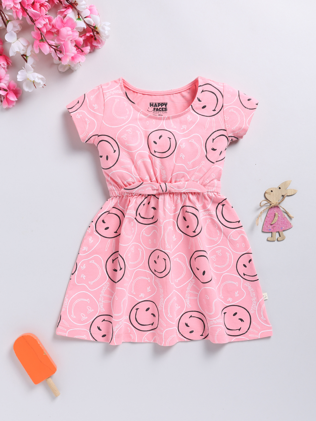 Happy Faces Smiley World and Graphic Printed Cotton Frock for Girls(Rose Pink, Pack Of 1)