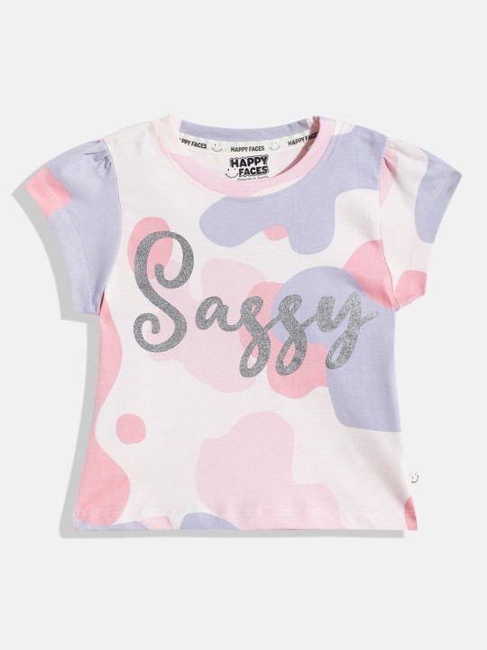 Happy Faces Graphic Printed Cotton T-shirt  for Girls(Salmon, Pack Of 1)