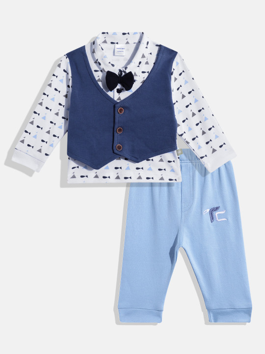 Mom’s Love Polka Dotted Printed Pure Cotton T-Shirt With Joggers For Infant Girls (Air-force, Blue Pack Of 1)