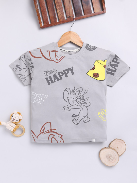Happy Faces Boys Tom & Jerry Print Pure Cotton T-shirt (Grey, Pack Of 1)