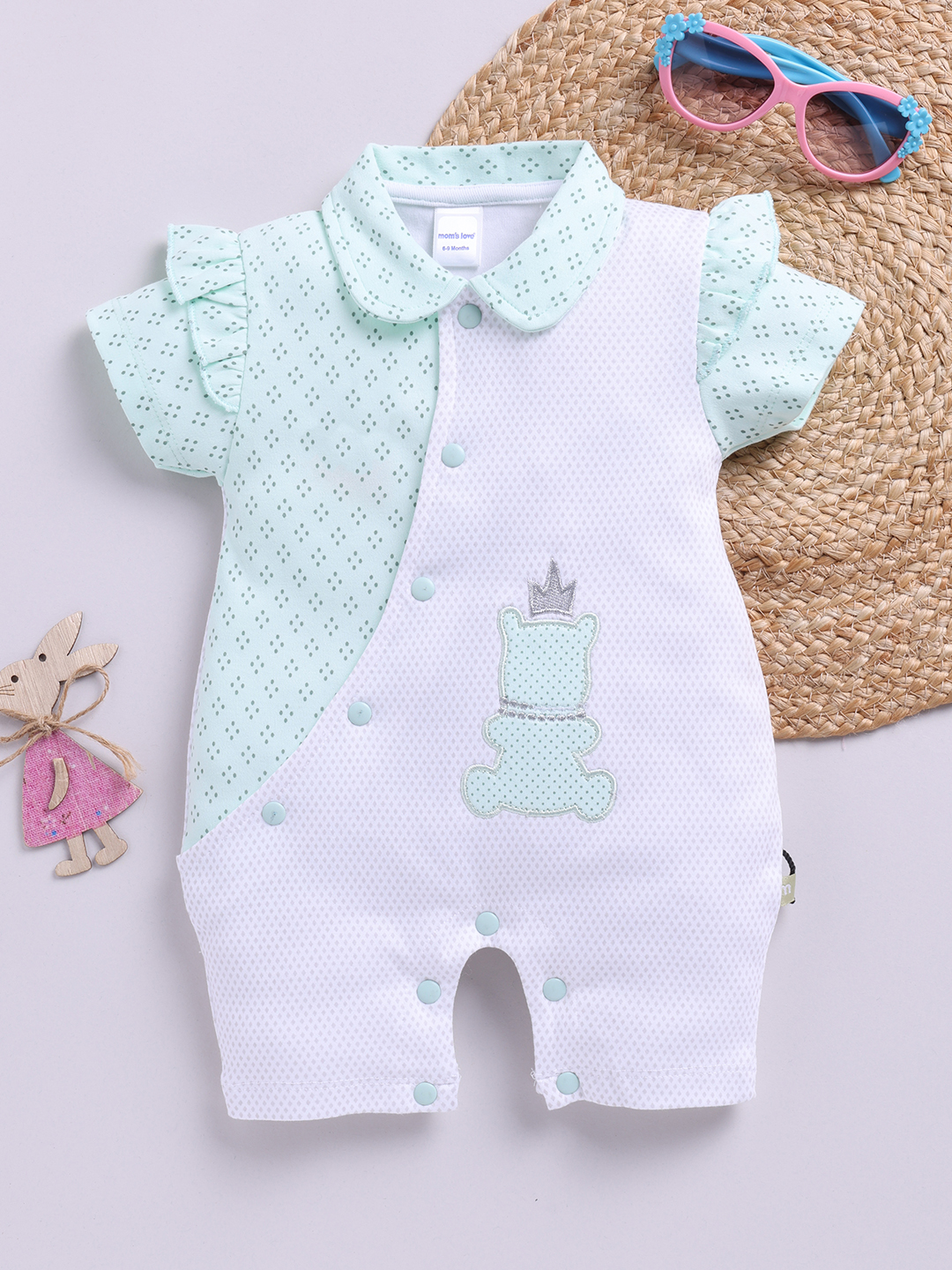 Mom’s love Polka Printed Pure Cotton Romper for Girls (Mint, Pack of 1)