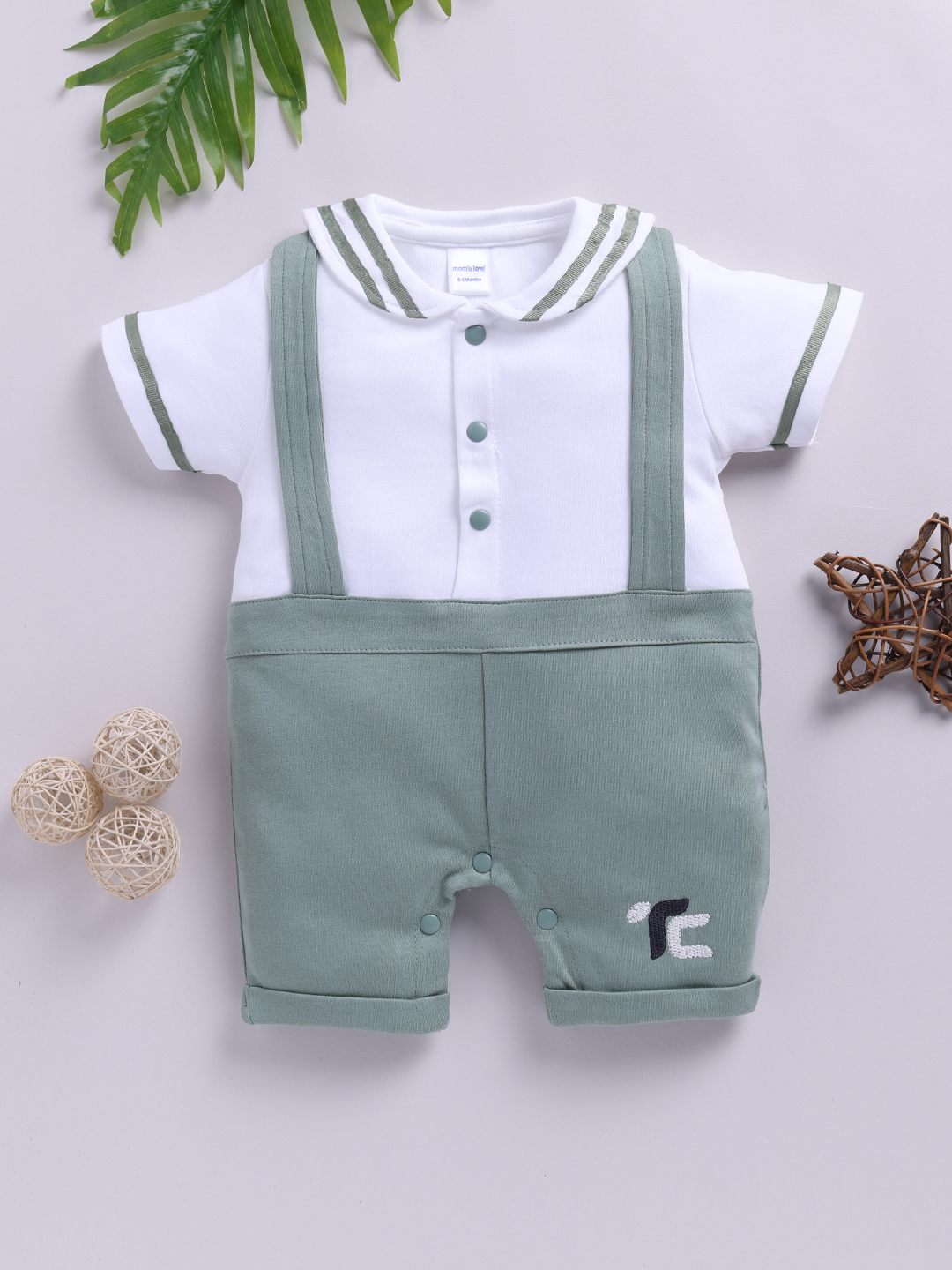 Mom’s Love Suspender Look Pure Cotton Romper for Infant boys (Green, Pack of 1)