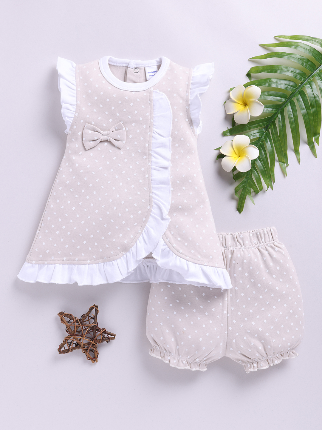 Mom Love Polka Printed Pure Cotton Frock And Dresses For Infant Girls (Beige, Pack Of 1)