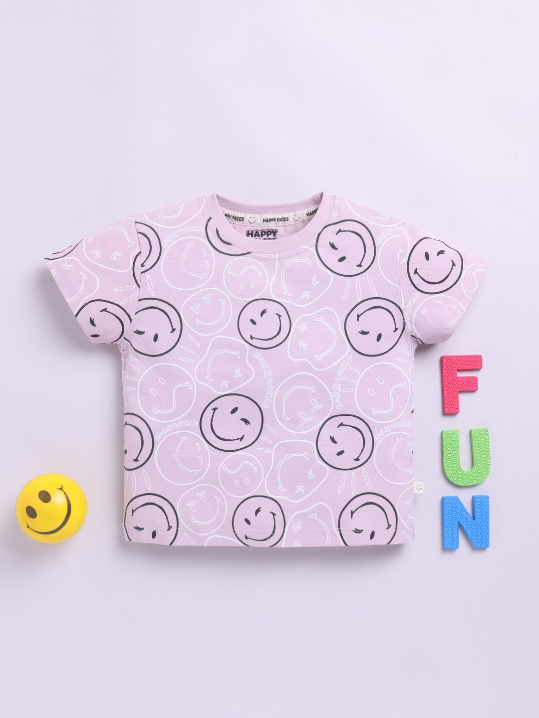 Happy Faces Smiley World and Graphic  Printed Cotton T-shirt  for Girls(Pale Mauve, Pack Of 1)