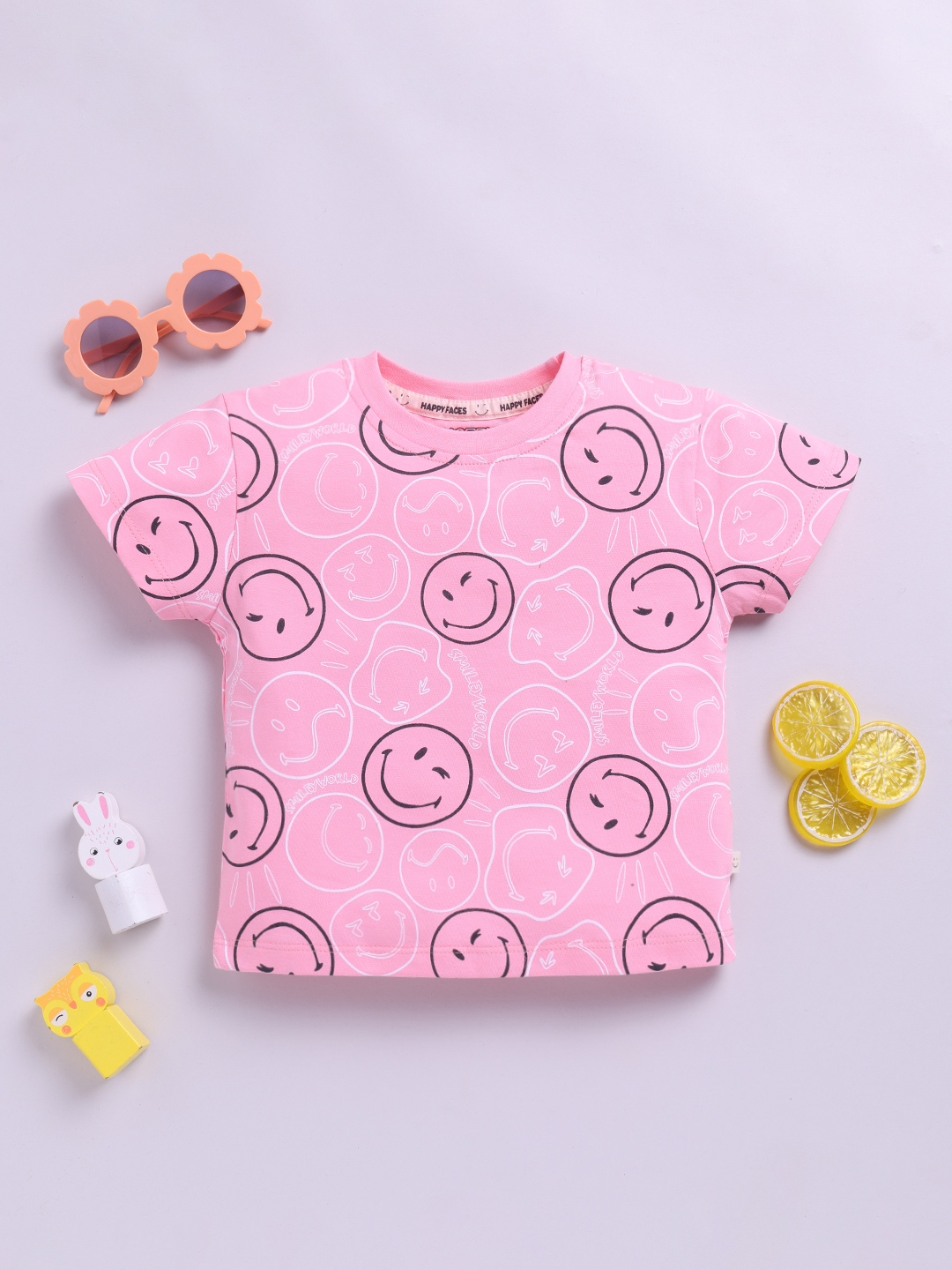Happy Faces Smiley World and Graphic  Printed Cotton T-shirt  for Girls(Rose Pink, Pack Of 1)