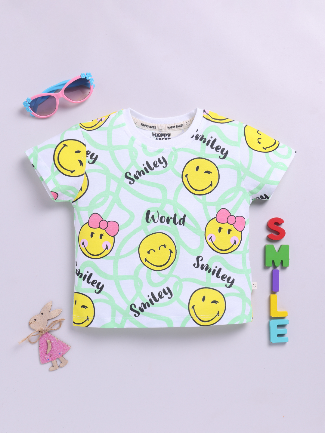 Happy Faces Smiley World Printed Cotton T-shirt  for Girls(White, Pack Of 1)