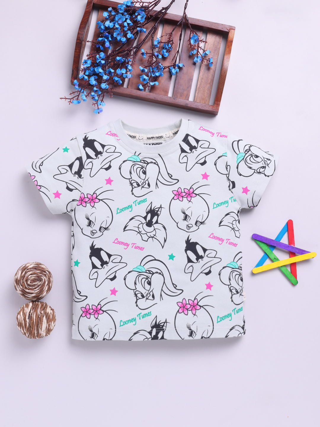 Happy Faces Looney Tunes Printed Cotton T-shirt  for Girls(English Green, Pack Of 1)