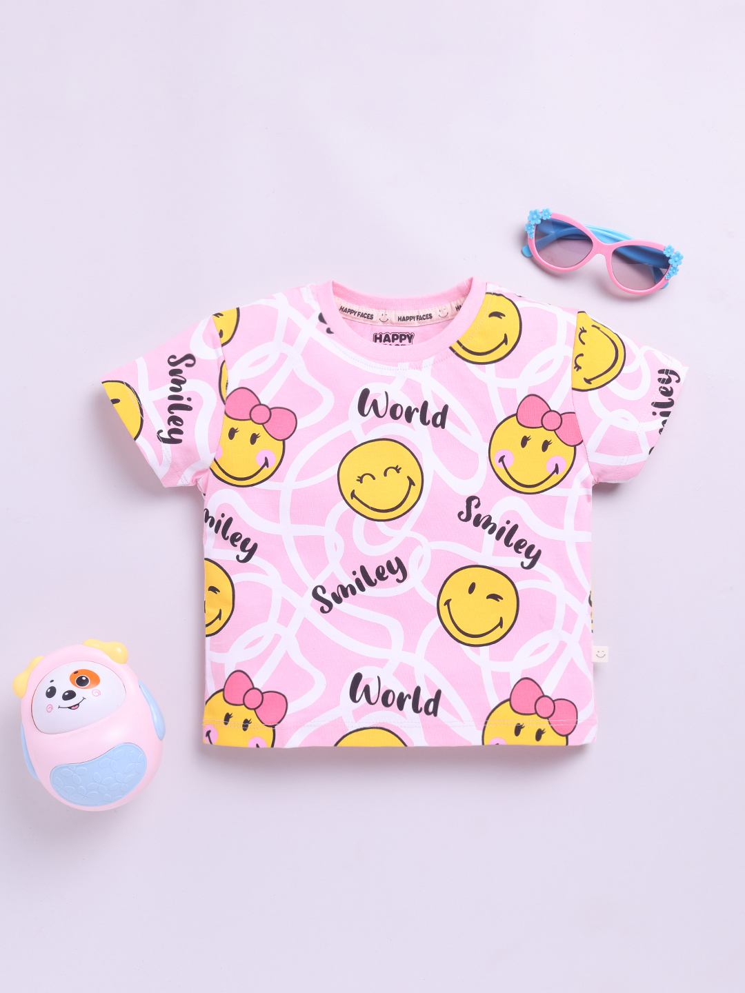 Happy Faces Smiley World Printed Cotton T-shirt  for Girls(Medium Pink, Pack Of 1)