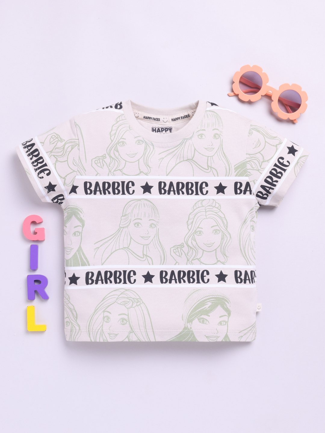 Happy Faces Barbie and Graphic Printed Cotton T-shirt  for Girls(Fawn, Pack Of 1)