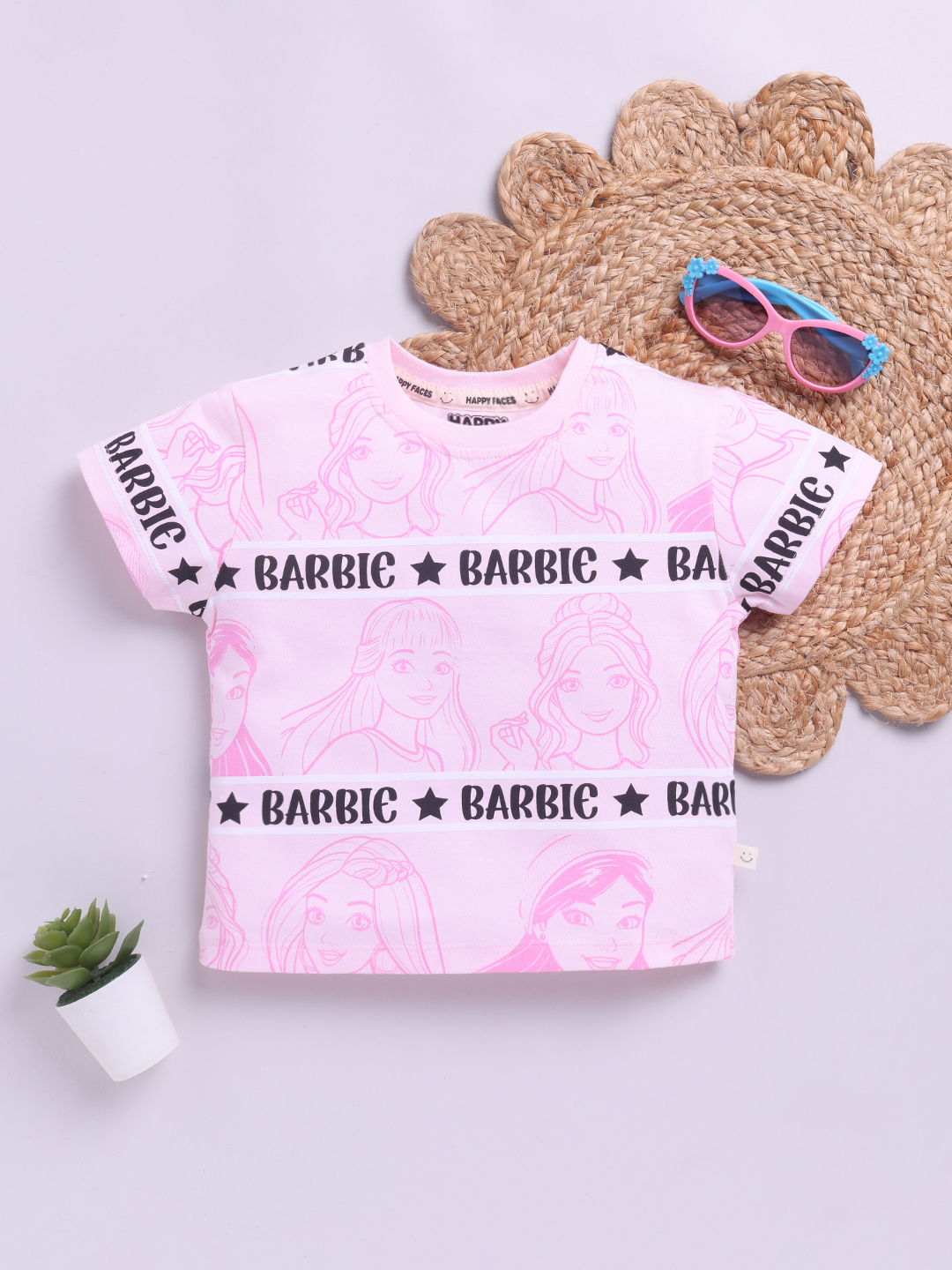 Happy Faces Barbie and Graphic Printed Cotton T-shirt  for Girls(Rose Pink, Pack Of 1)