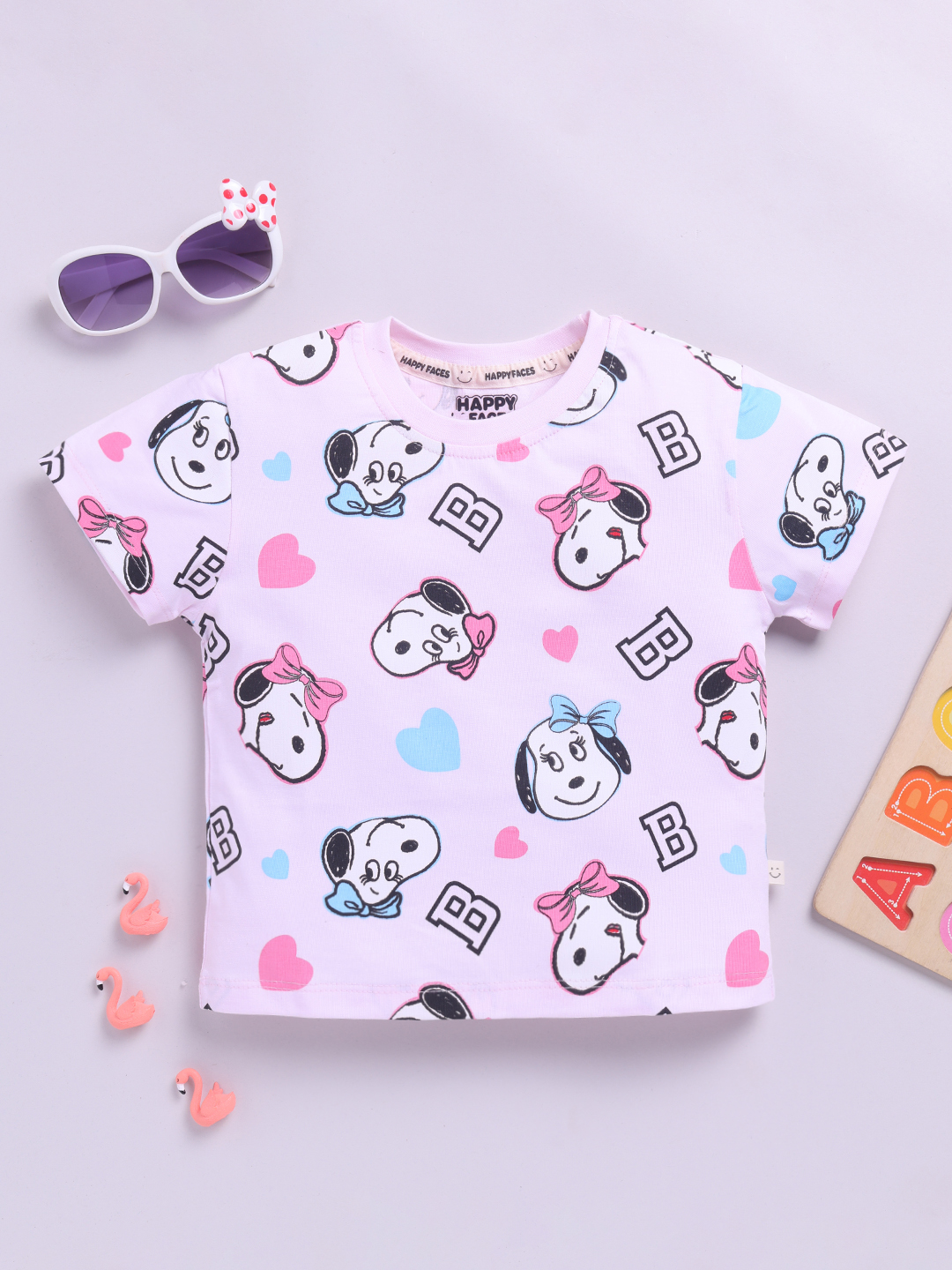 Happy Faces Peanuts Printed Cotton T-shirt  for Girls(Light Pink, Pack Of 1)
