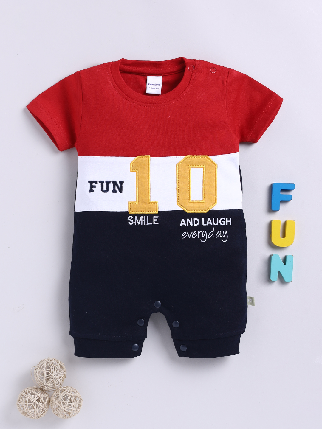 Mom’s Love Colourblocked Printed Pure Cotton Romper For Infant Boys (Red, Pack Of 1)