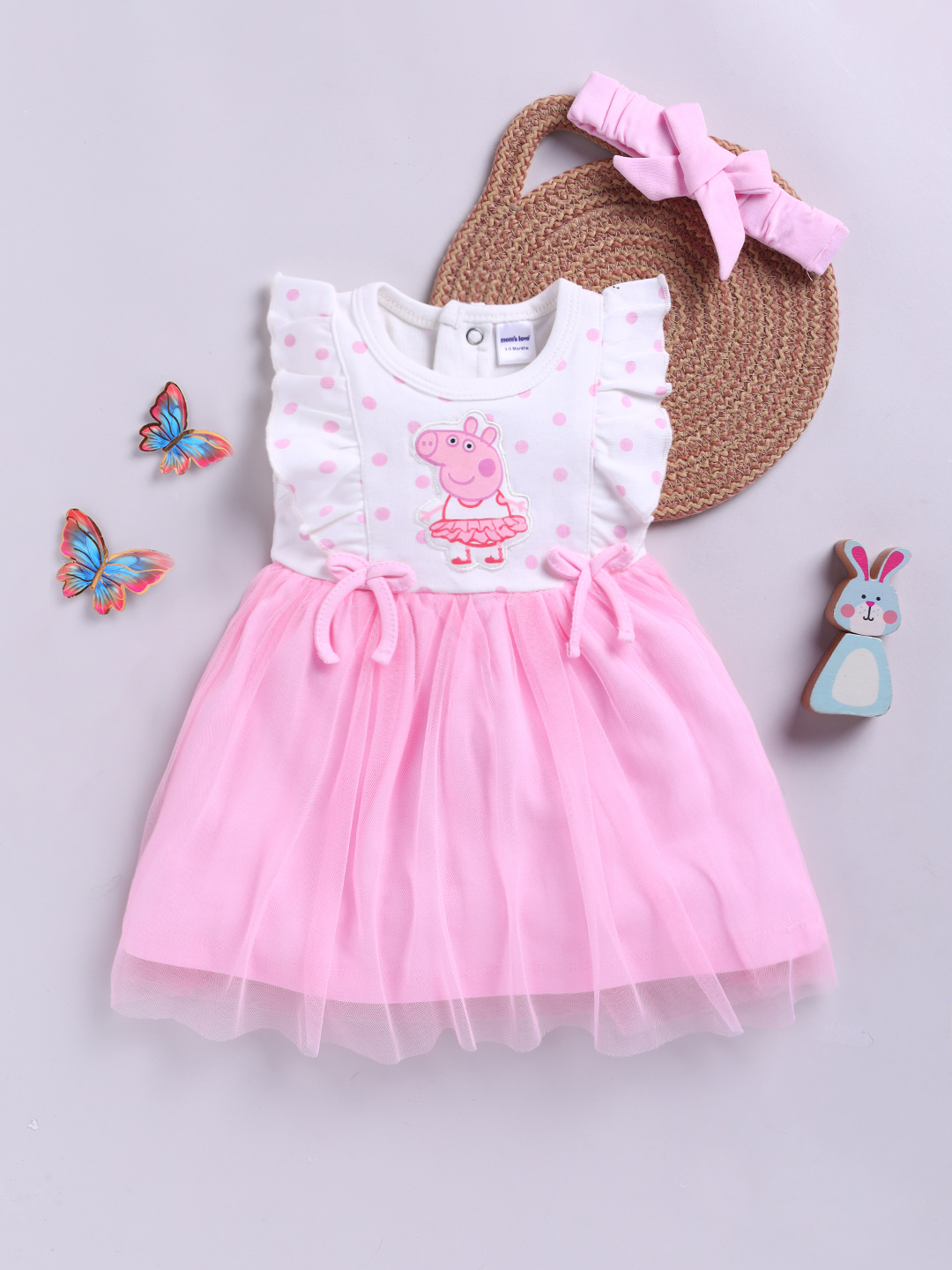 Mom’s Love Peppa Pig Printed Ruffle Sleeve Cotton Fit & Flare Dress for Girls (Pink, Pack of 1)