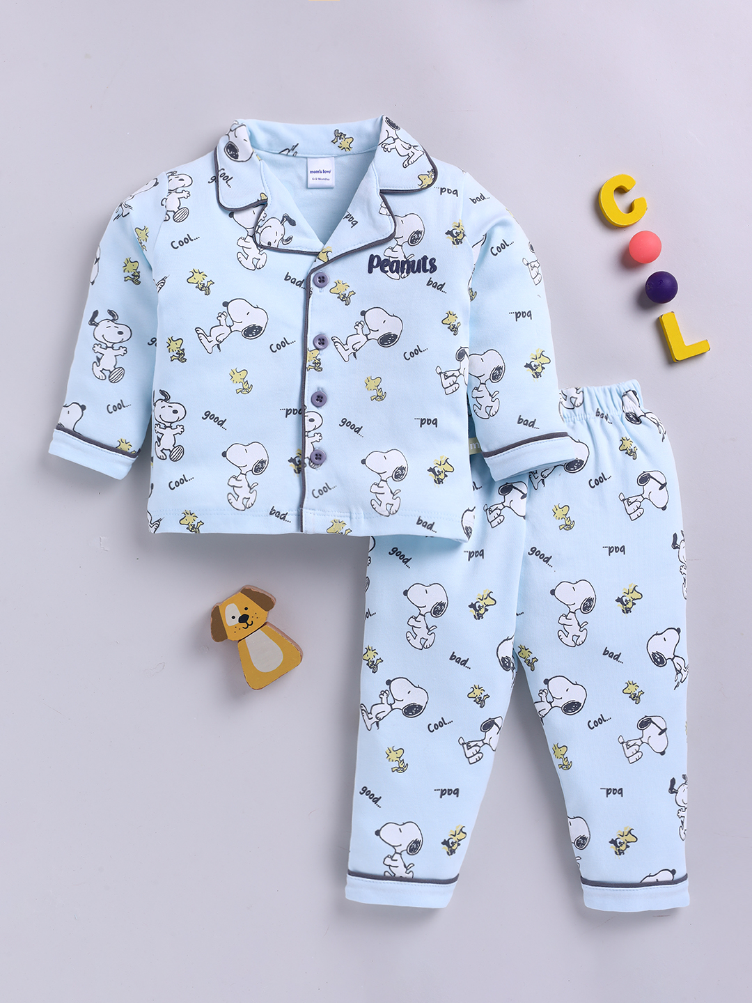 Moms Love Peanuts Printed Pure Cotton Sleep Suits for Infant Boys (Blue, Pack of 1)