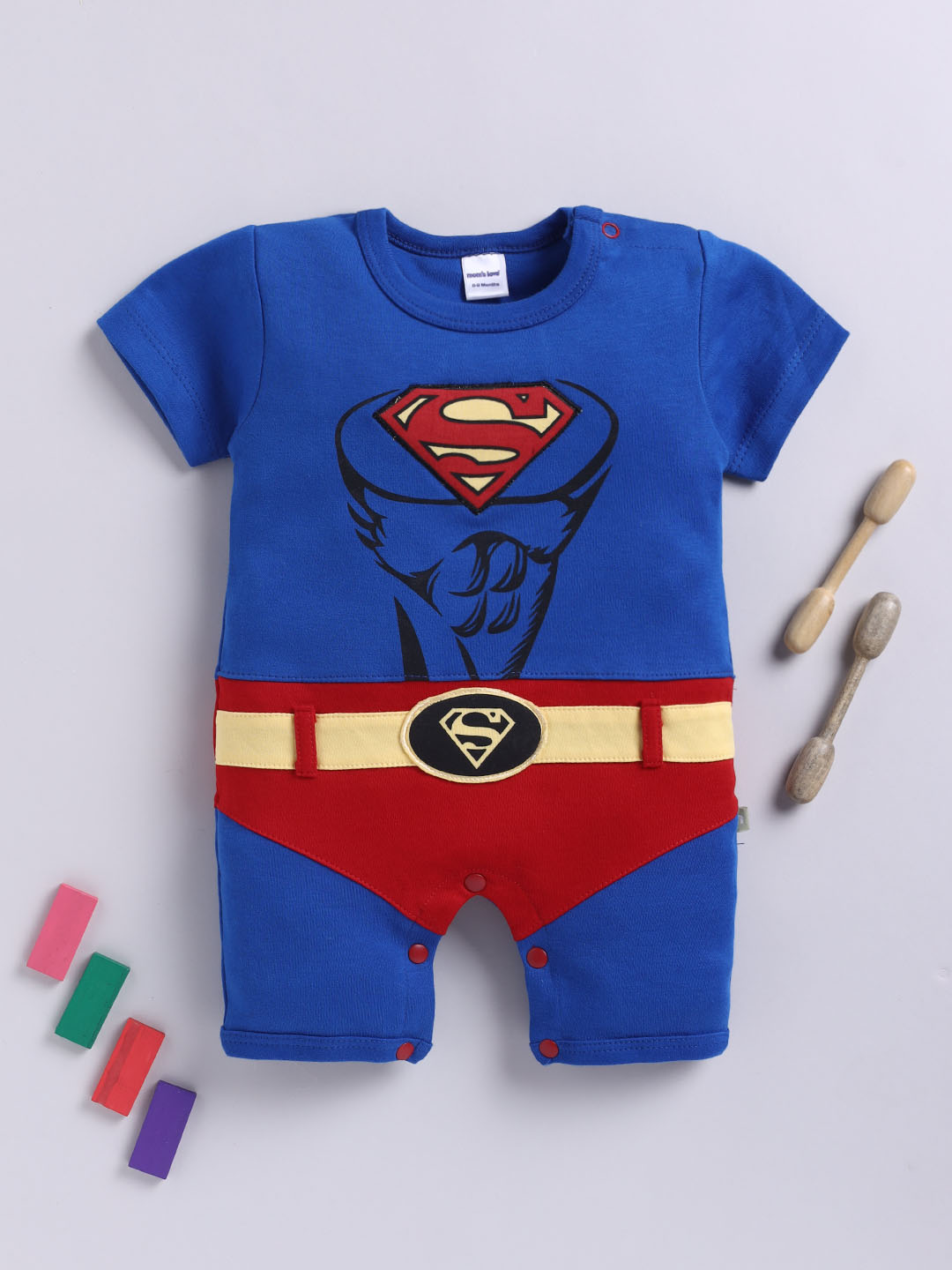 Mom’s Love Superman Look Pure Cotton Romper For Infant Boys(Blue&Red,Pack Of 1)