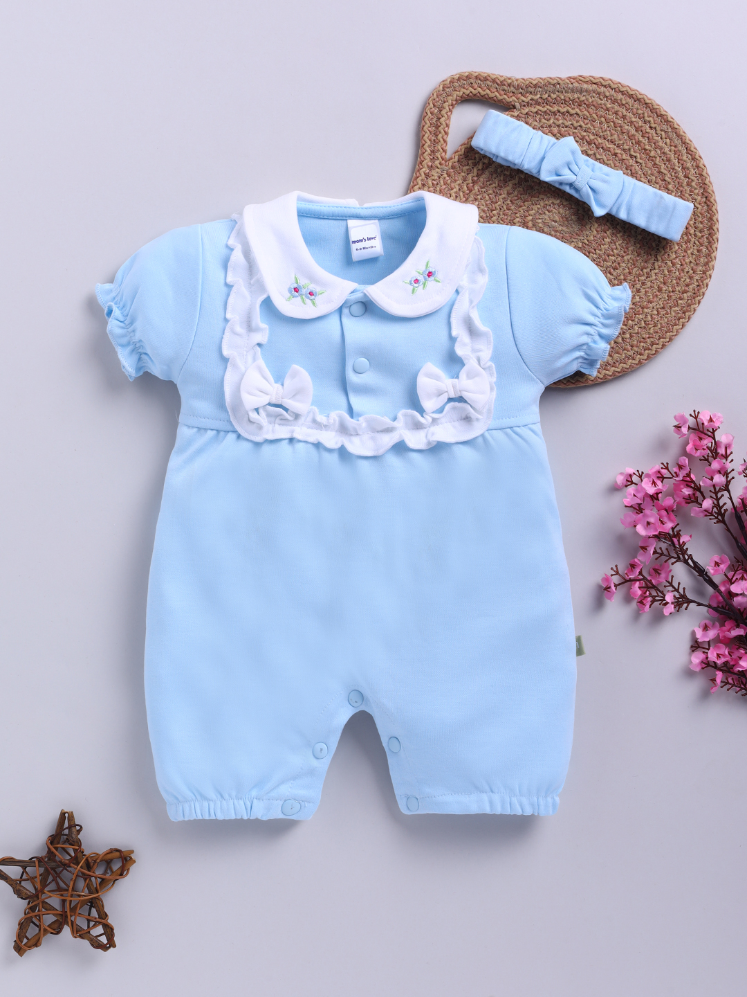 Mom’s Love Digital Printed Pure Cotton Romper for Infant Girls (Blue, Pack of 1)