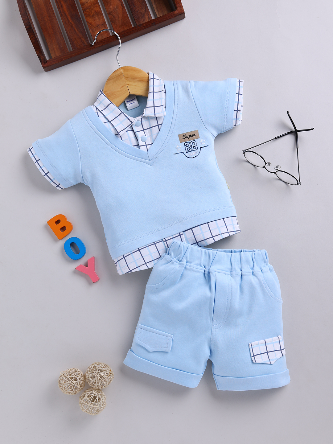 Mom’s Love ColourBlocked Pure Cotton T-Shirt With Shorts For Infant Boys (Light Blue, Pack Of 1)