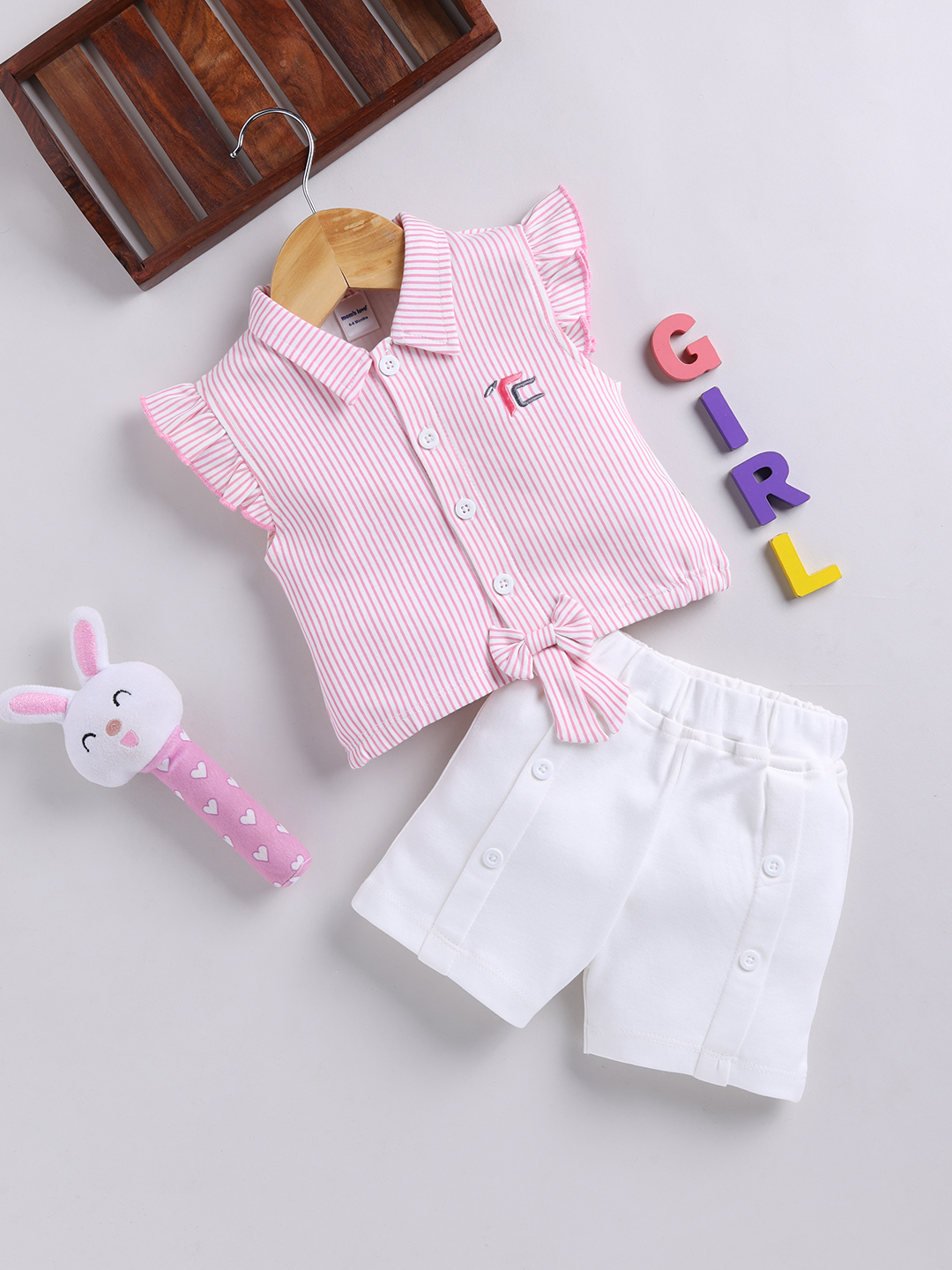 Mom’s Love Striped Printed Pure Cotton T-Shirt With Shorts For Infant Girls (Pink, Pack Of 1)