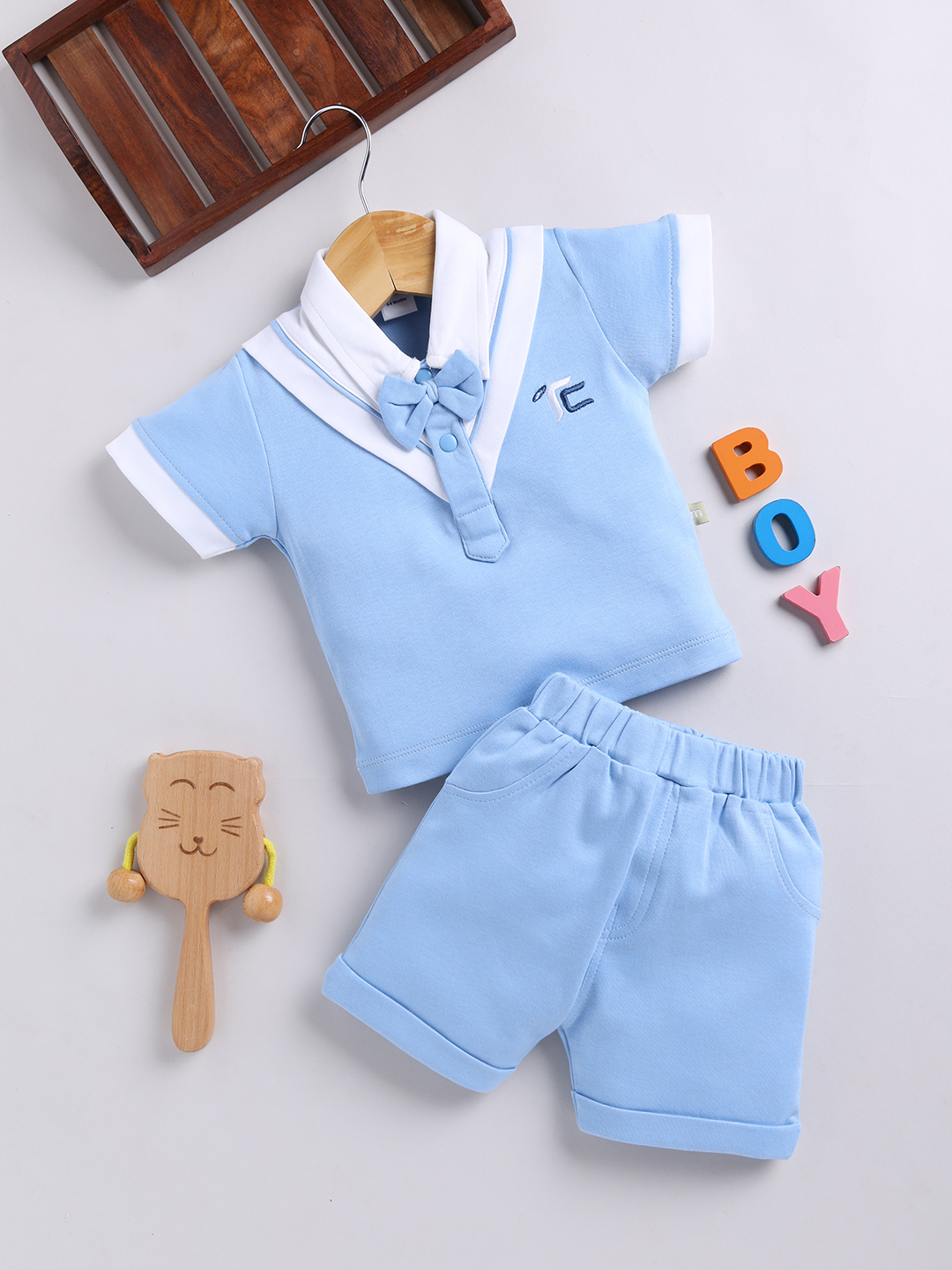Mom’s Love Solid Printed Pure Cotton T-Shirt With Shorts For Infant Boys (Blue Pack Of 1)