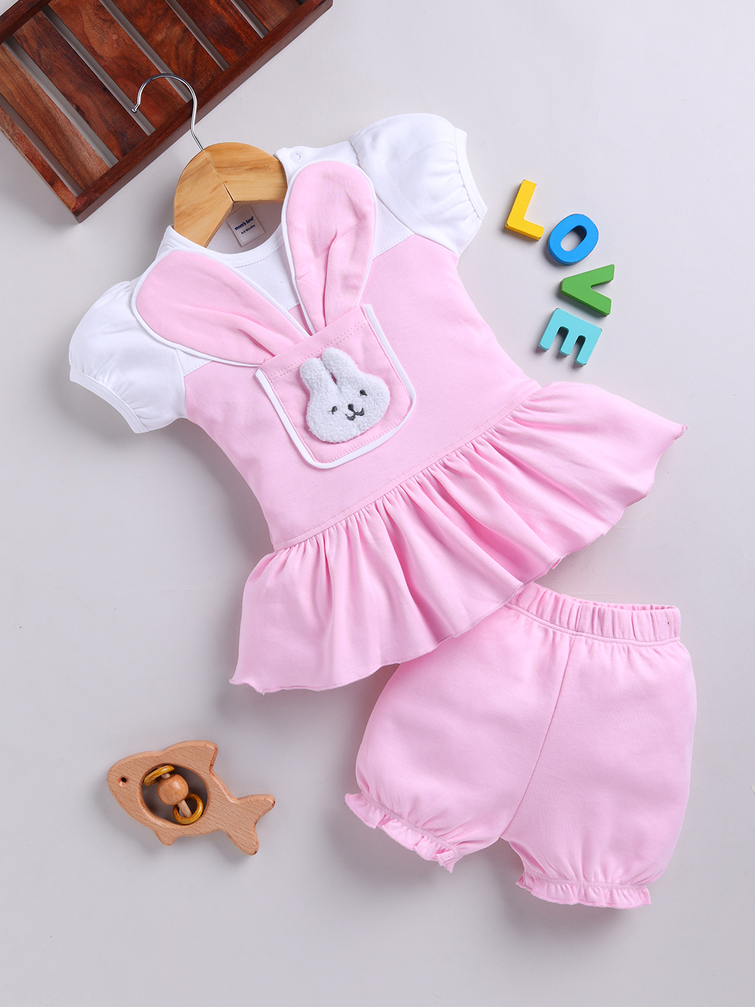 Mom’s love Bunny Faces Pure Cotton Frock and Dress for Infant Girls (Medium Pink, Pack Of 1)