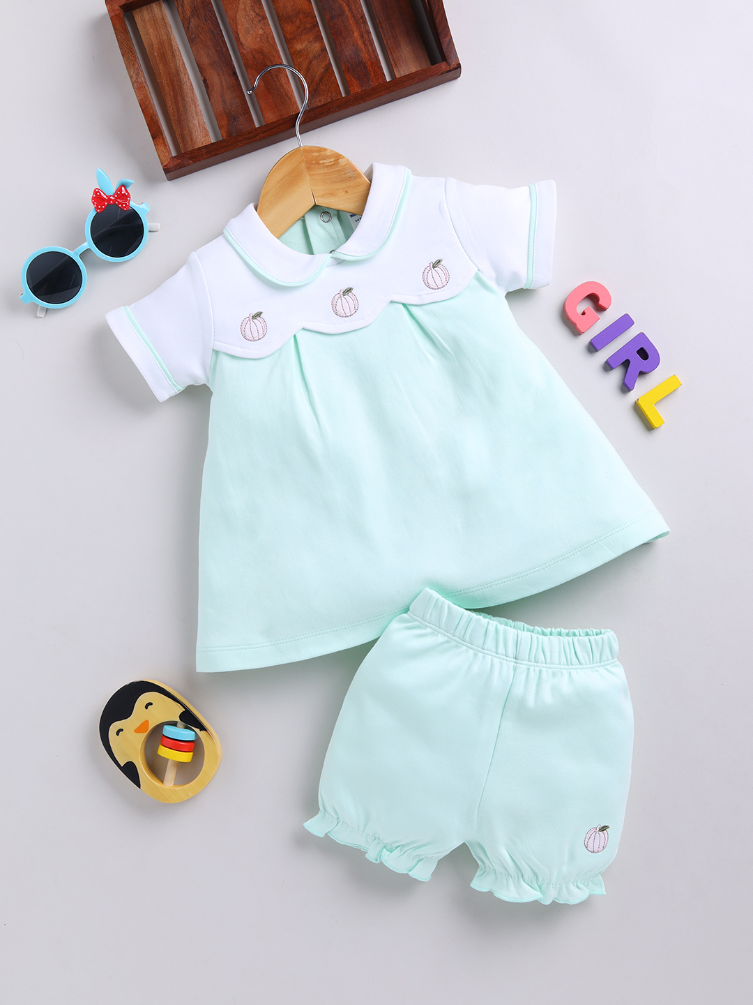 Mom’s Love Colourblocked Pure Cotton Frock And Dress For Infant Girls (Mint, Pack Of 1)